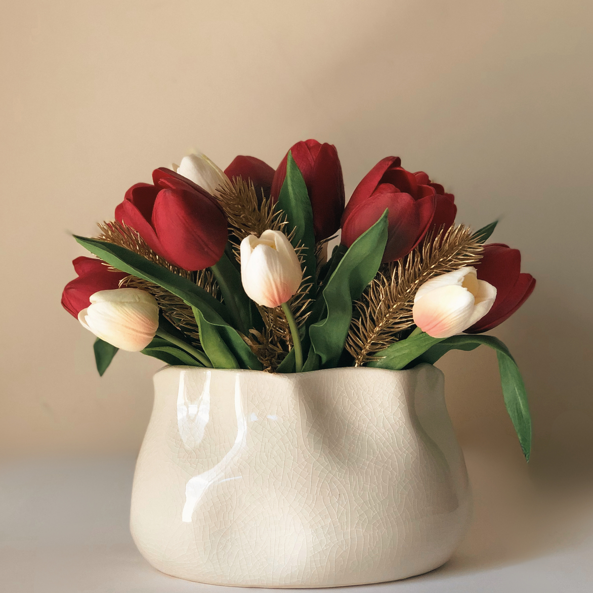 Red & White Tulips Faux Floral Arrangement