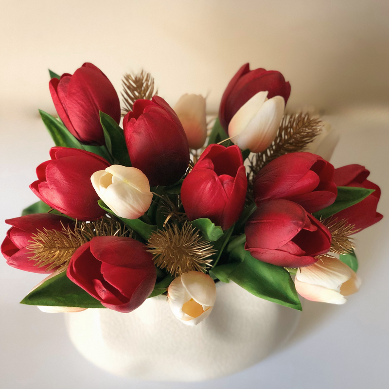 Red & White Tulips Faux Floral Arrangement