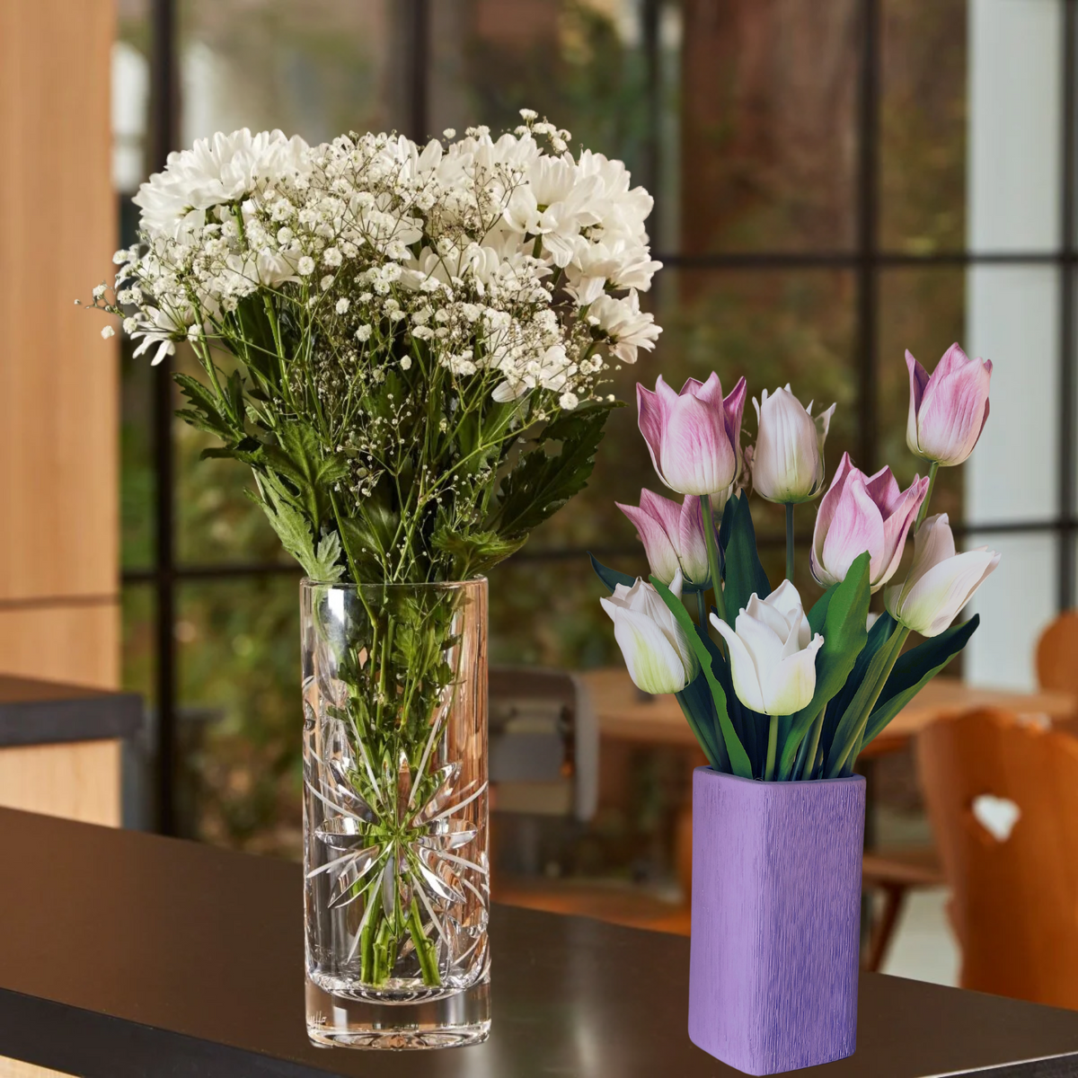 White & Lilac Tulips Faux Floral Arrangement