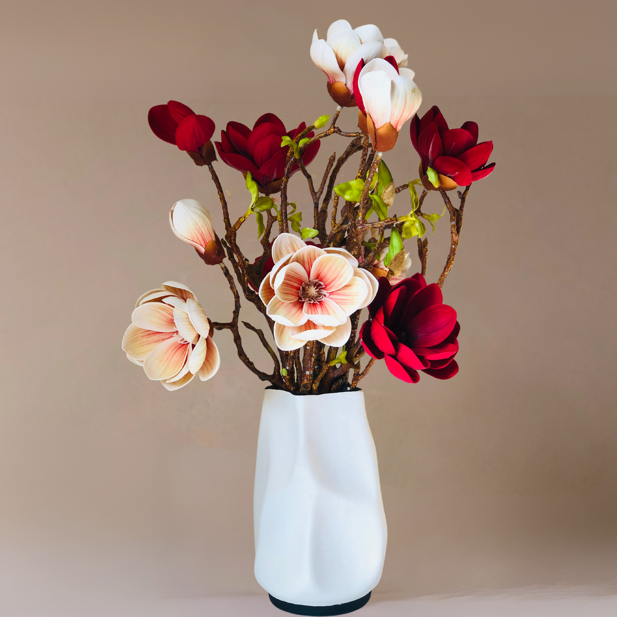 Red & Blush Magnolias Faux Floral Arrangement