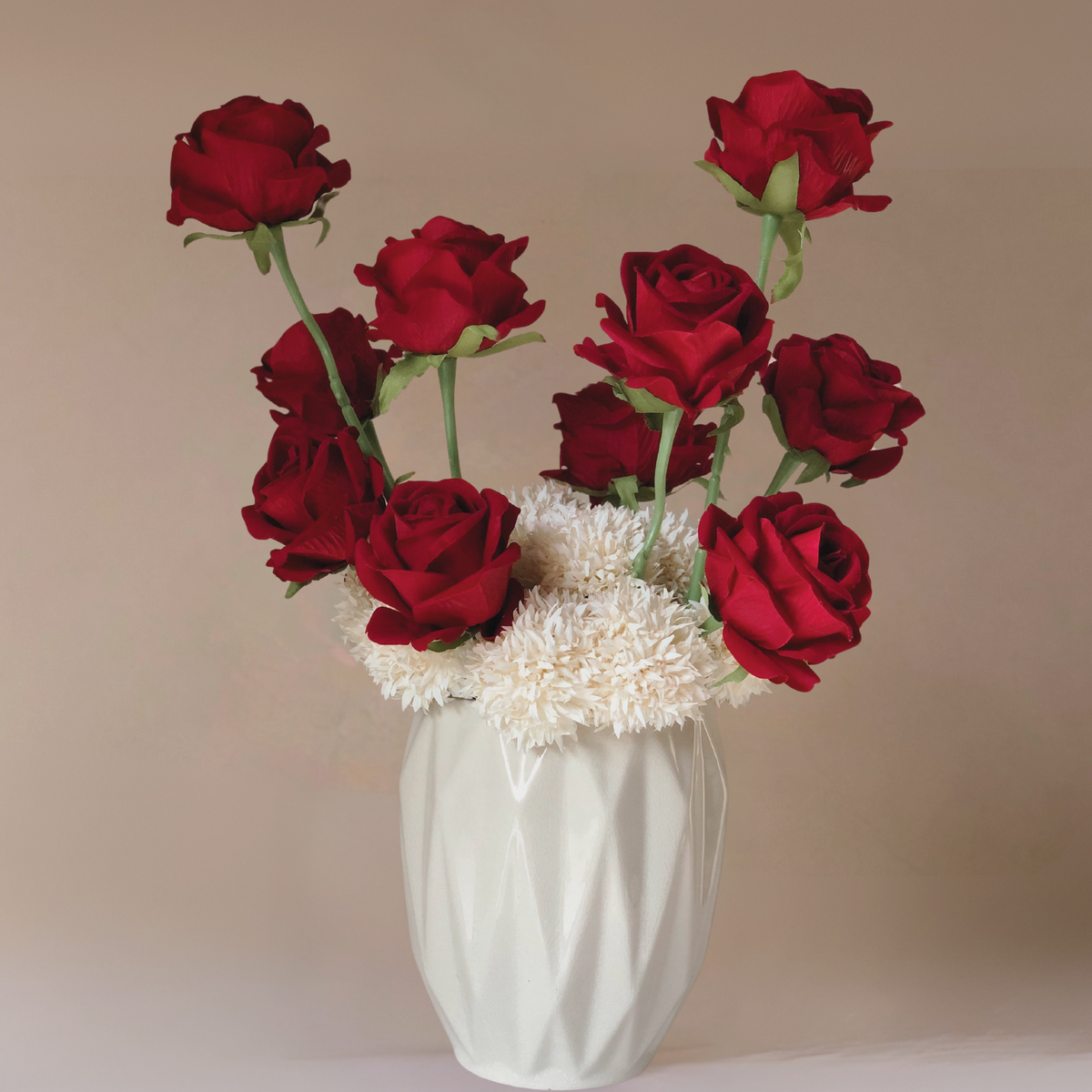 Scarlet Red Roses & Chrysanthemums Faux Floral Arrangement