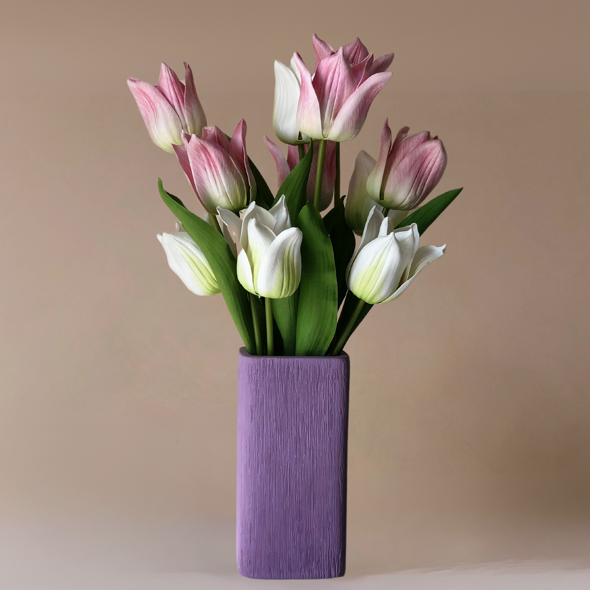 White & Lilac Tulips Faux Floral Arrangement