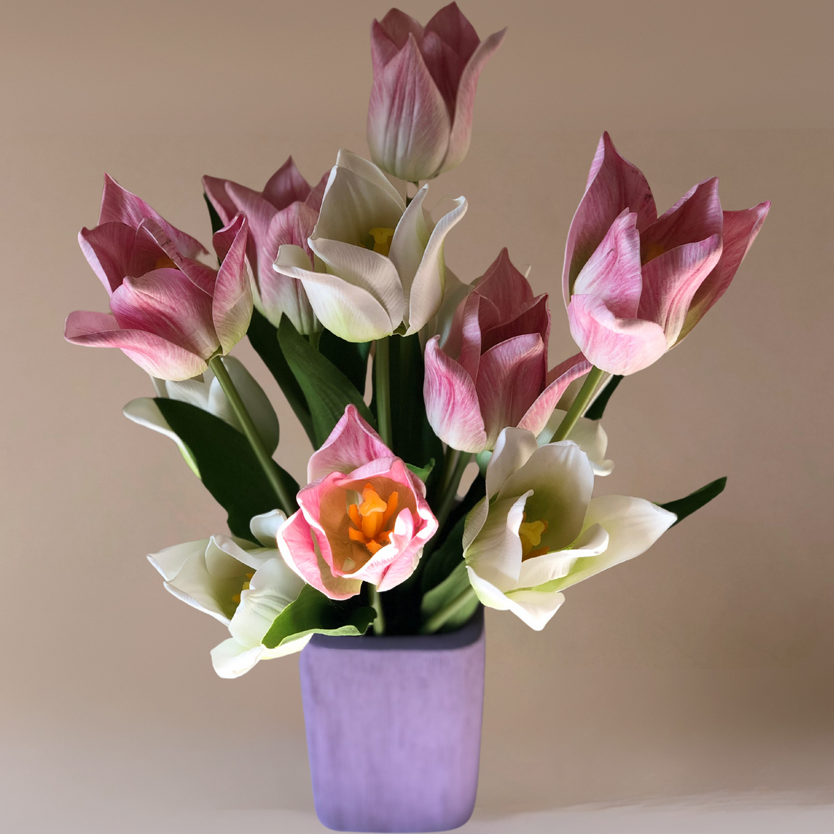 White & Lilac Tulips Faux Floral Arrangement